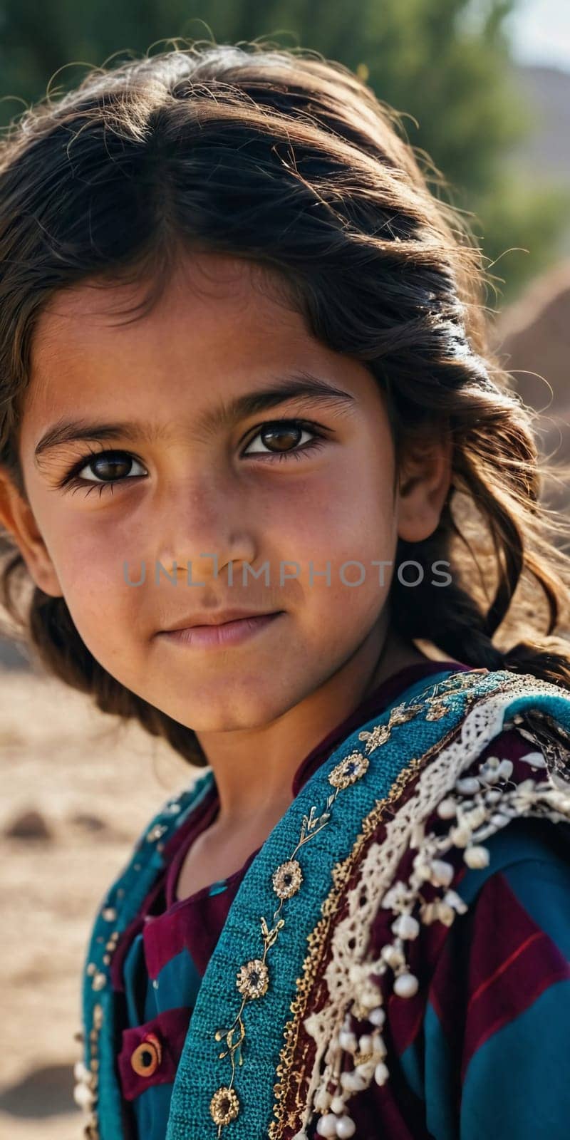 A young girl from Afghanistan stands confidently, showcasing her traditional attire, her expressive eyes reflecting her surroundings and culture. Generative AI.