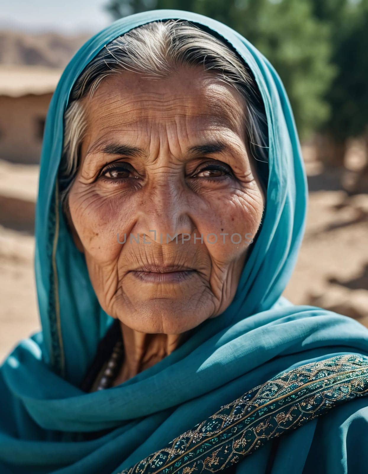 The elderly Afghanistan woman 75 years old gazes thoughtfully into the distance, her face marked by life experiences. She wears a traditional headscarf, set against a rustic background. Generative AI.