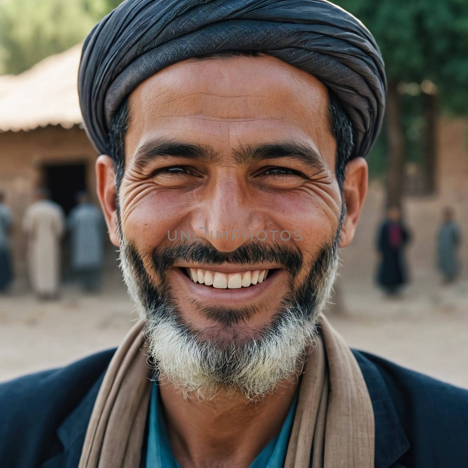 A joyful resident of Afghanistan 45 years old is smiling brightly, embodying the spirit of the region. His traditional attire complements the countryside background. Generative AI