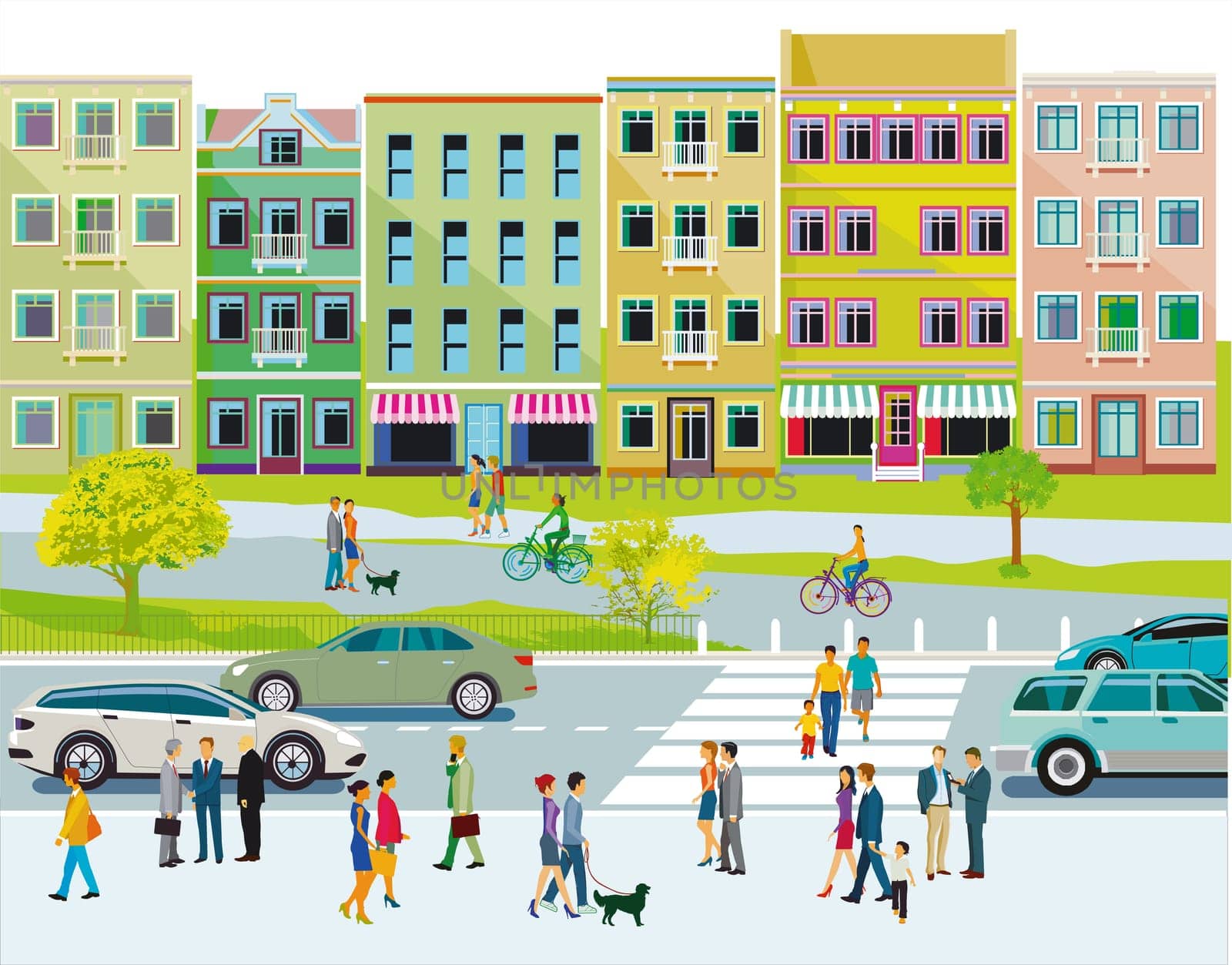 Leisure time with family in suburb and road traffic illustration