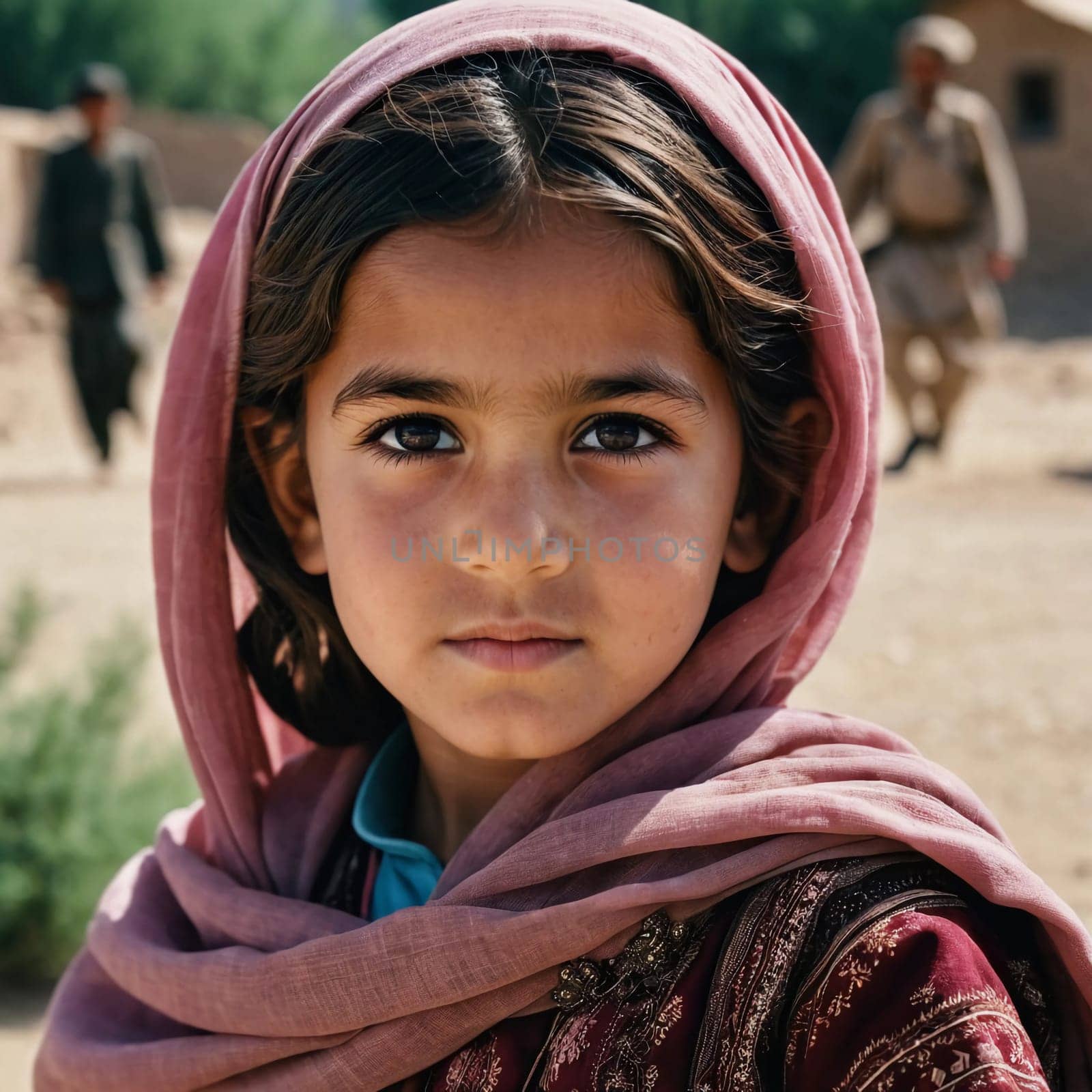 A young girl from Afghanistan stands confidently, showcasing her traditional attire, her expressive eyes reflecting her surroundings and culture. Generative AI.