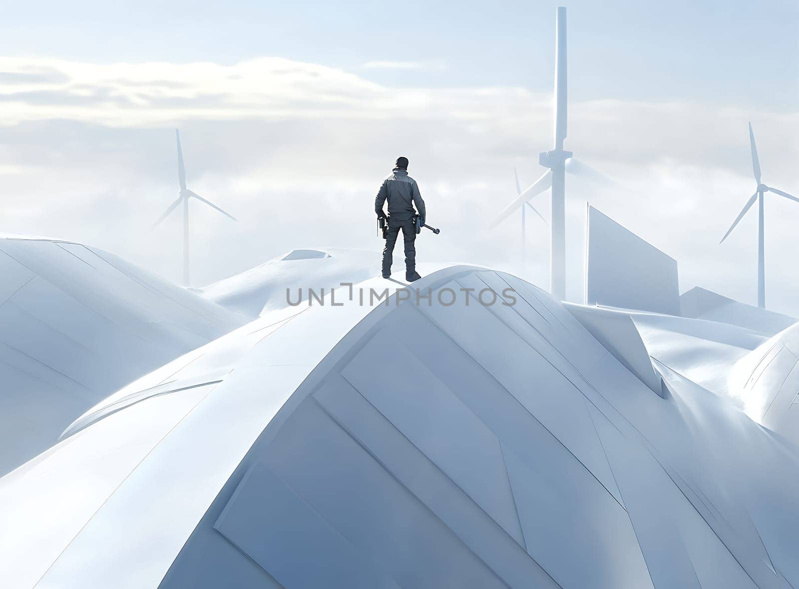 Silhouette of a technician standing on snow covered terrain against wind turbines in foggy weather, symbolizing renewable energy and sustainable future.