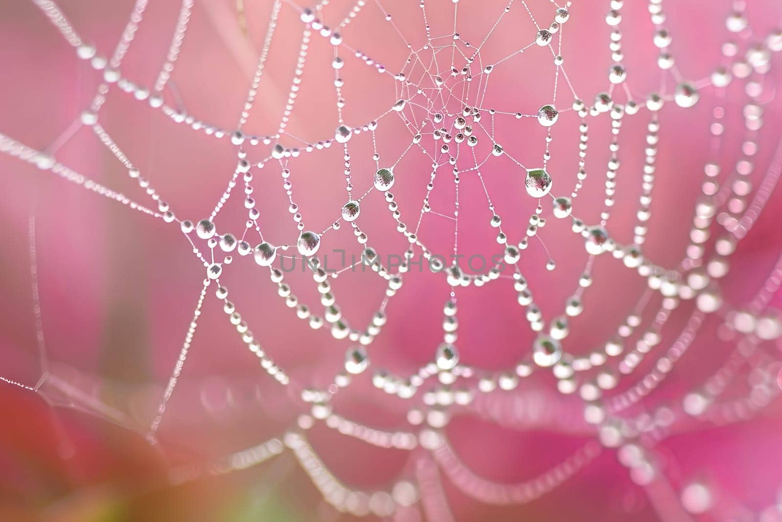 Crystal-clear water droplets caught in the delicate strands of a spider's web