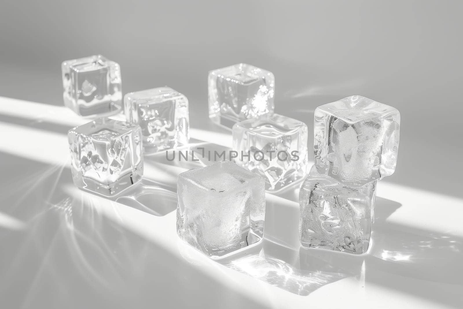 Crystal-clear ice cubes on a soft transparent white backdrop, perfect for cool and refreshing concepts