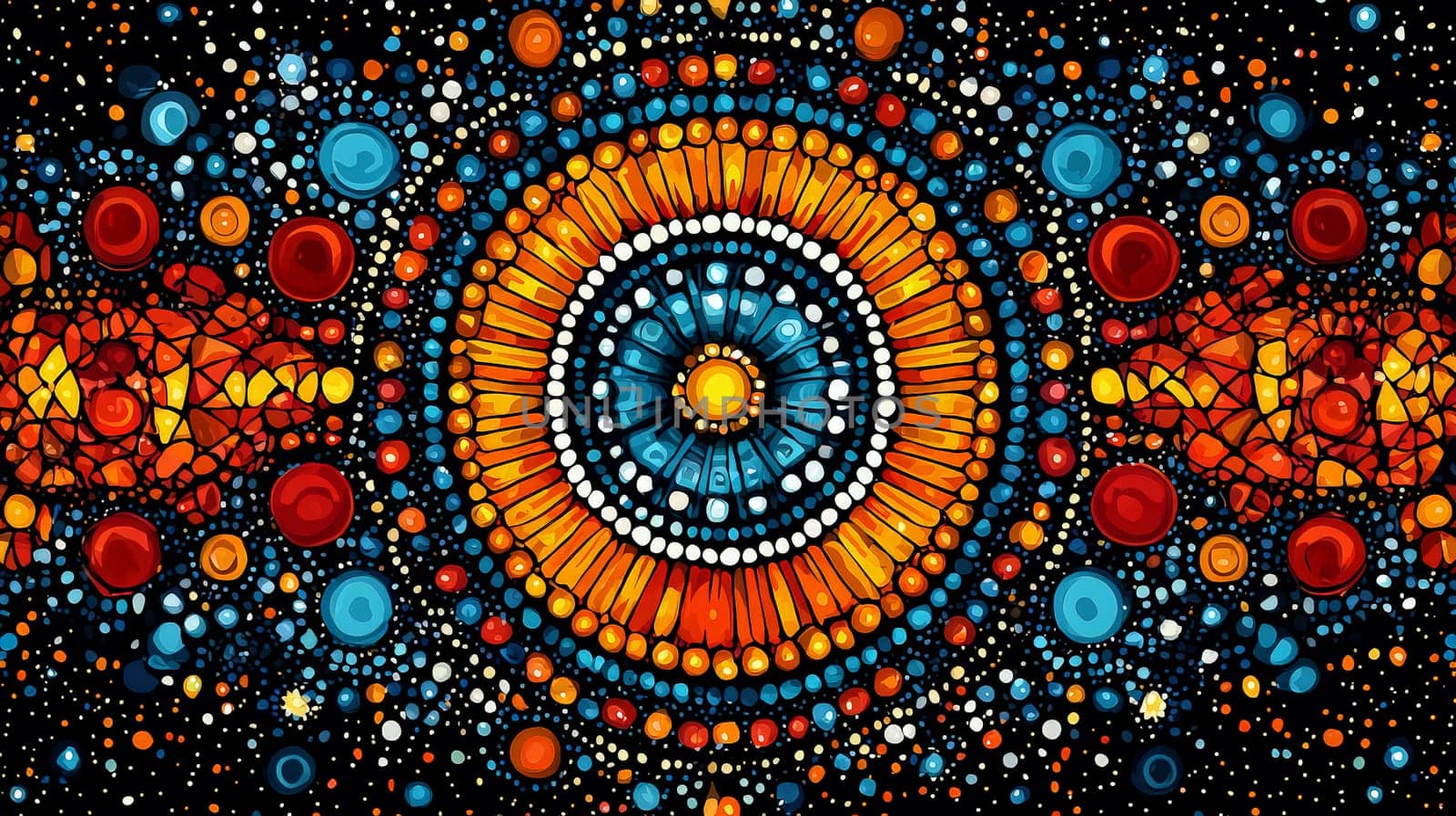 A stunning piece of Aboriginal art characterized by its vibrant colors and intricate patterns. The artwork showcases a high level of detail and contrast, reflecting the rich cultural heritage and storytelling traditions of Indigenous Australian artists. This colorful representation captures the essence of nature, spirituality, and community, inviting viewers to explore its depths.