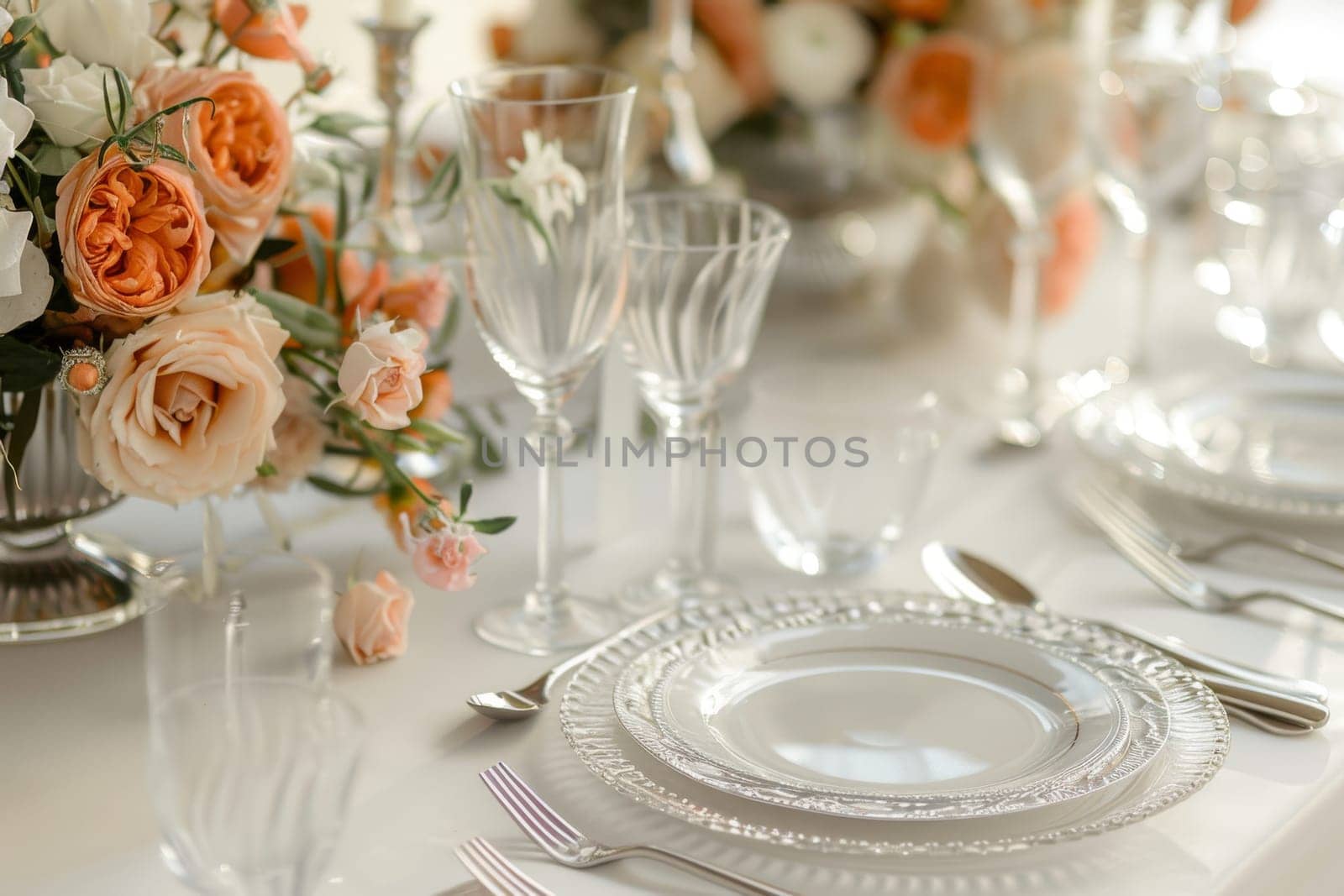 Elegant table setting decoration against a soft transparent white surface, perfect for event designs