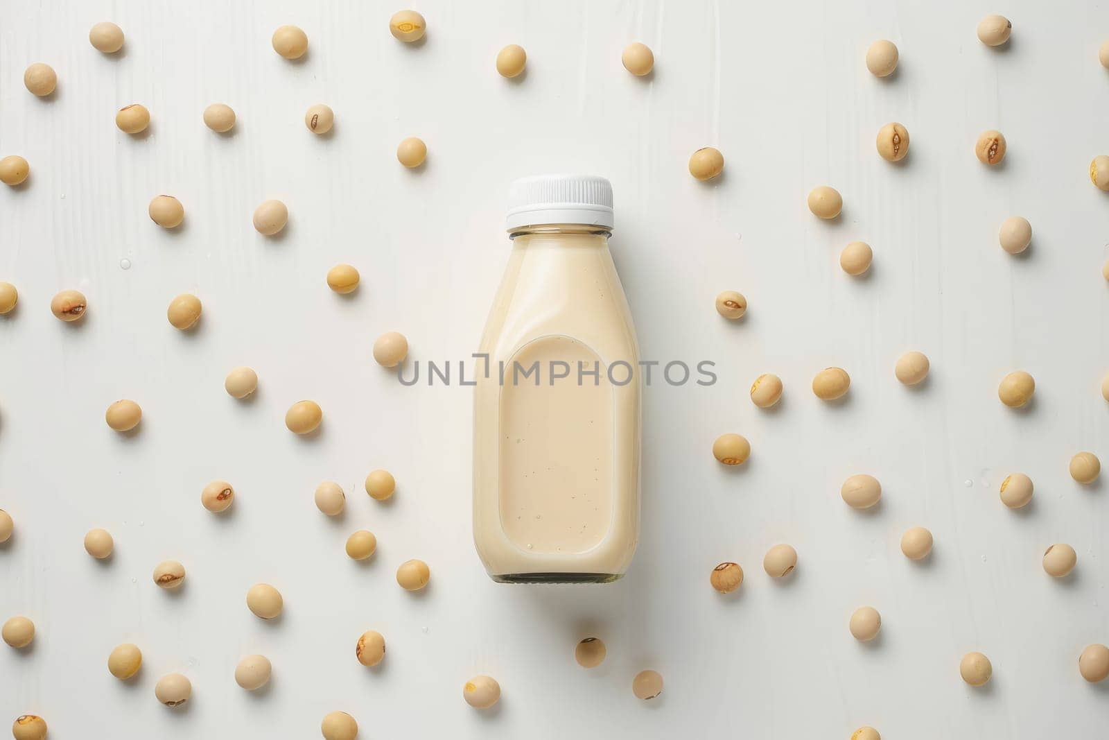A bottle of milk is on a white background with many small white beans scattered around it