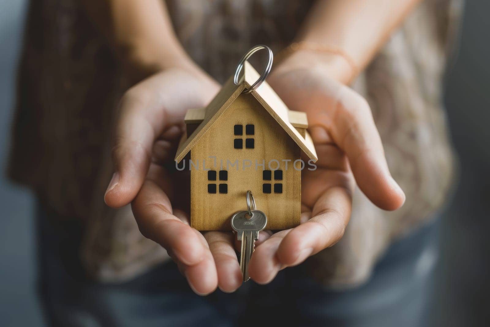 Hands holding a house model and keys, real estate investment concept