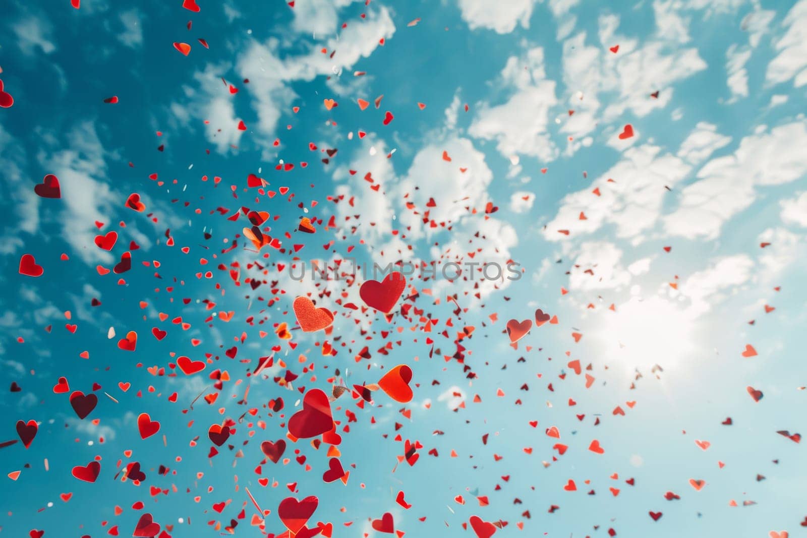 Heart-shaped confetti falling from the sky