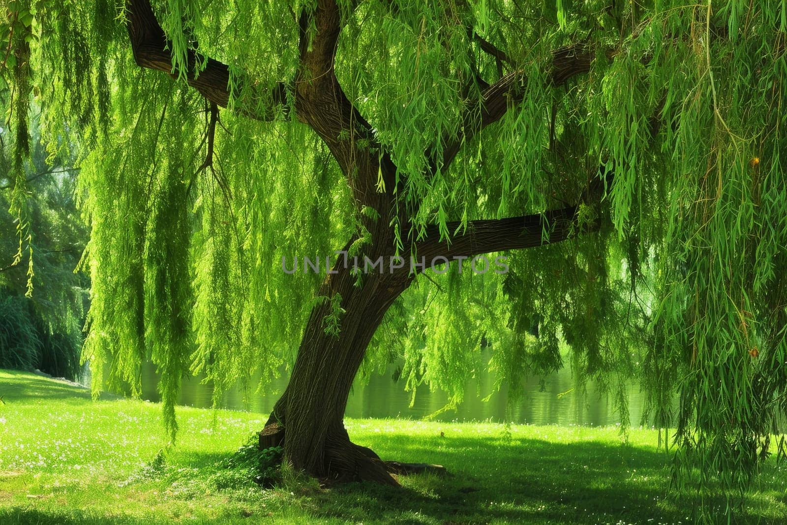Graceful weeping willow tree with cascading branches and vibrant green foliage, ideal for garden-themed designs