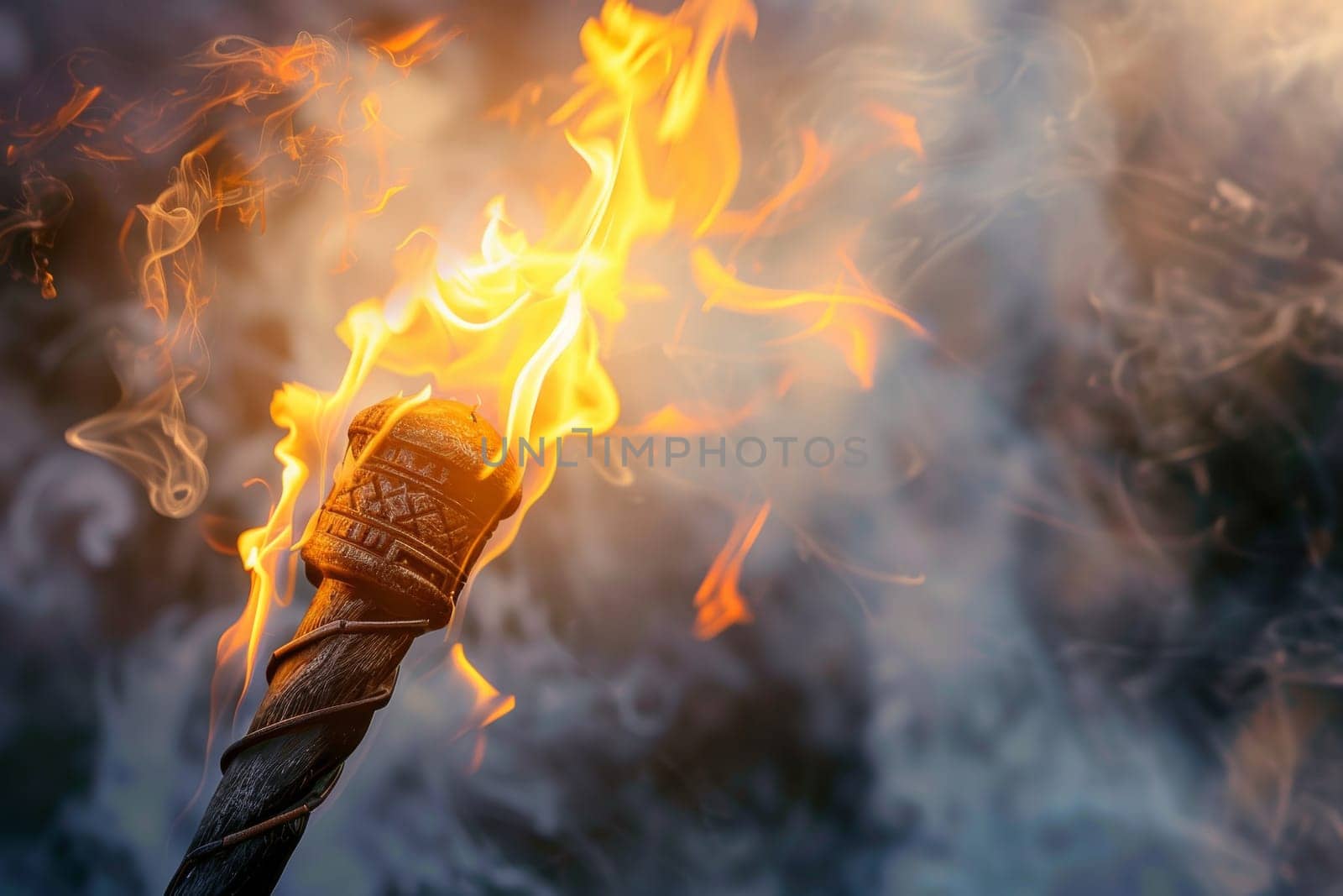 Intense heat radiating from a blazing torch against a soft transparent white surface, perfect for historical and adventure themes