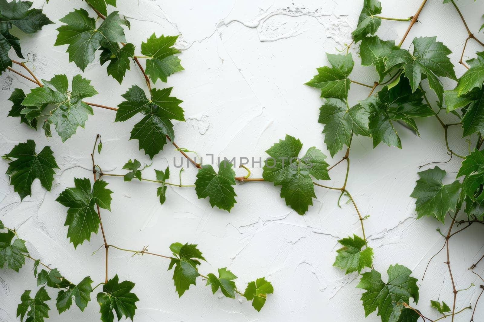 Lush grapevine leaves in a tangled arrangement on a transparent white surface, perfect for vineyard-themed designs