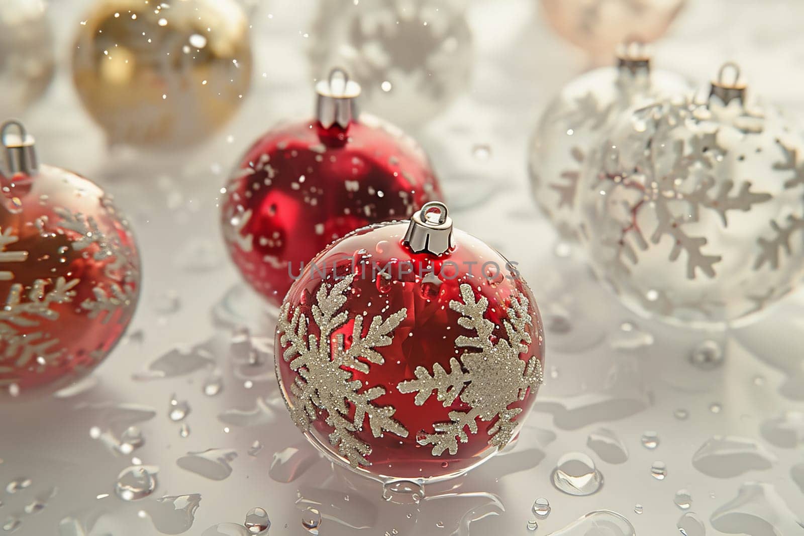 Joyful Christmas ornaments on a soft transparent white surface, ideal for festive decorations
