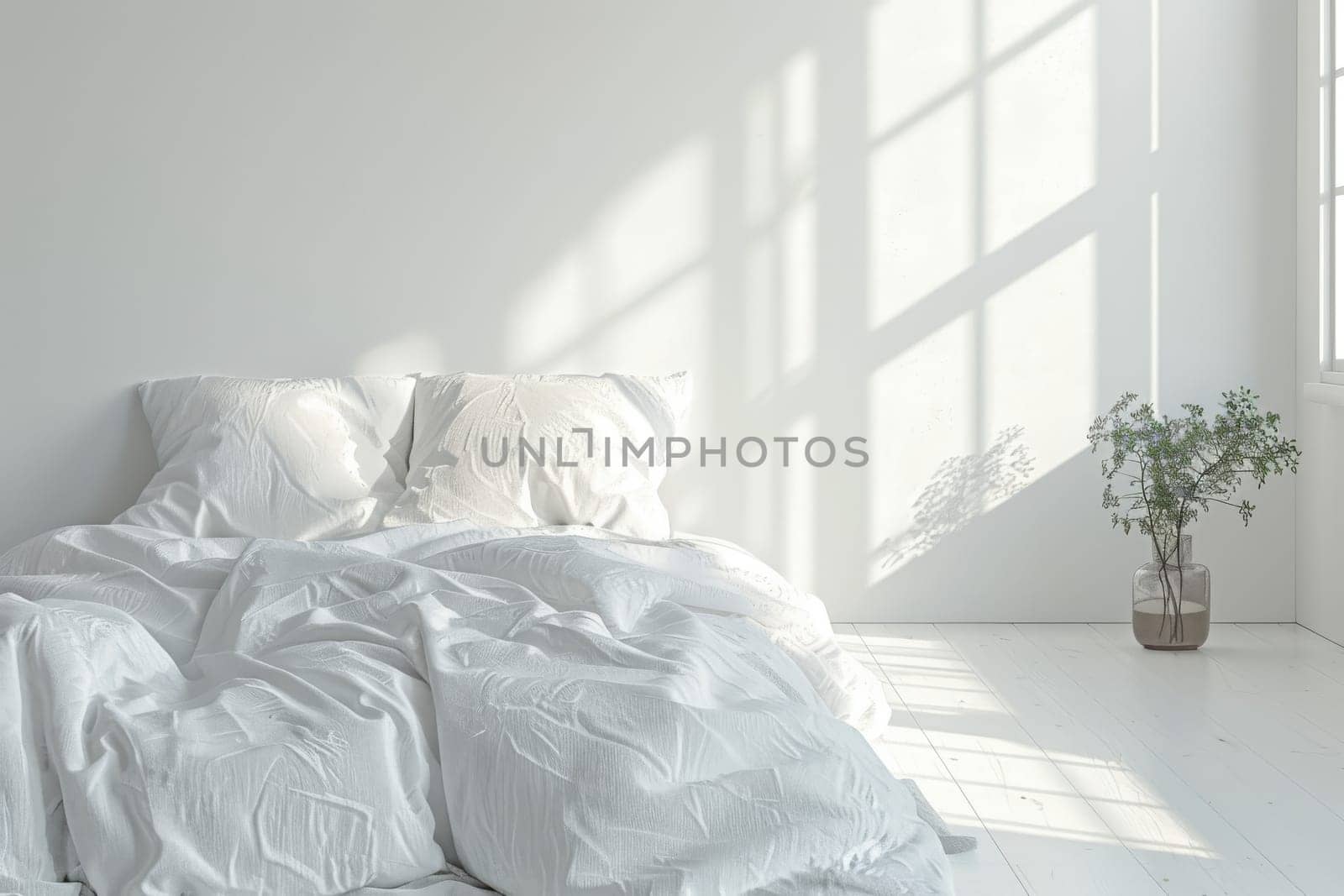 A white bed with two pillows and a vase of flowers on a wooden floor. The room is bright and airy, with sunlight streaming in through the windows