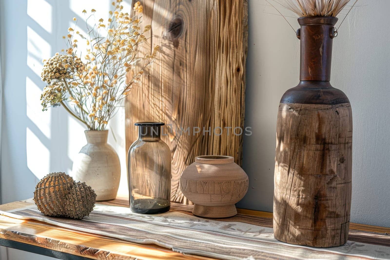 A wooden table with a vase, a bowl, and a bottle on it. The table is in a room with a window, and the sunlight is shining on the table