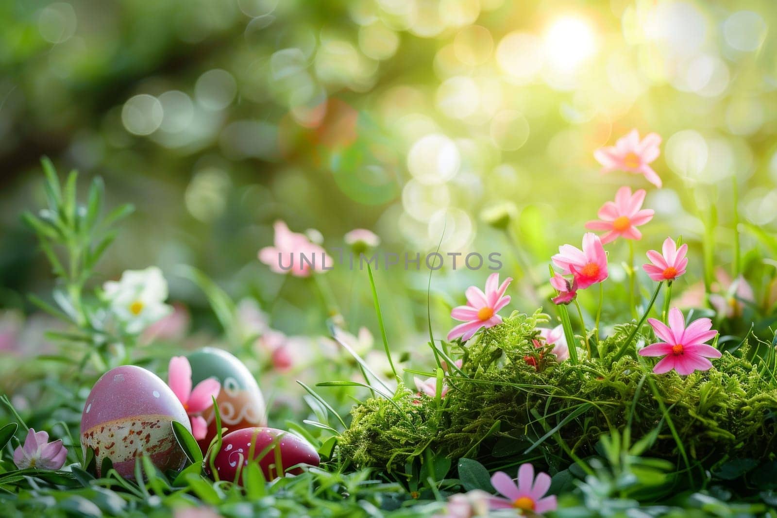Springtime Easter scene with blooming flowers and green foliage