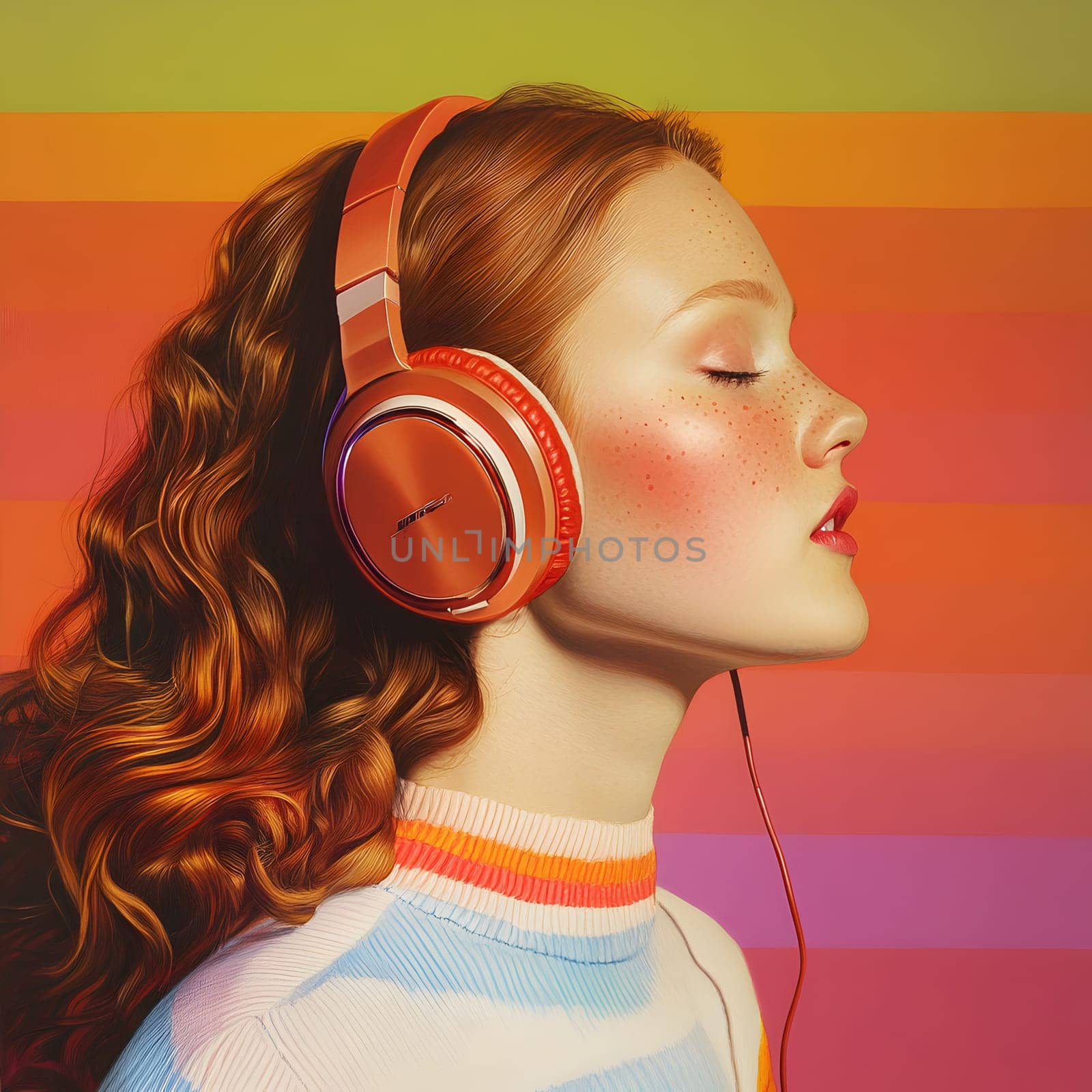 Woman Girl with Headphones is listening to music