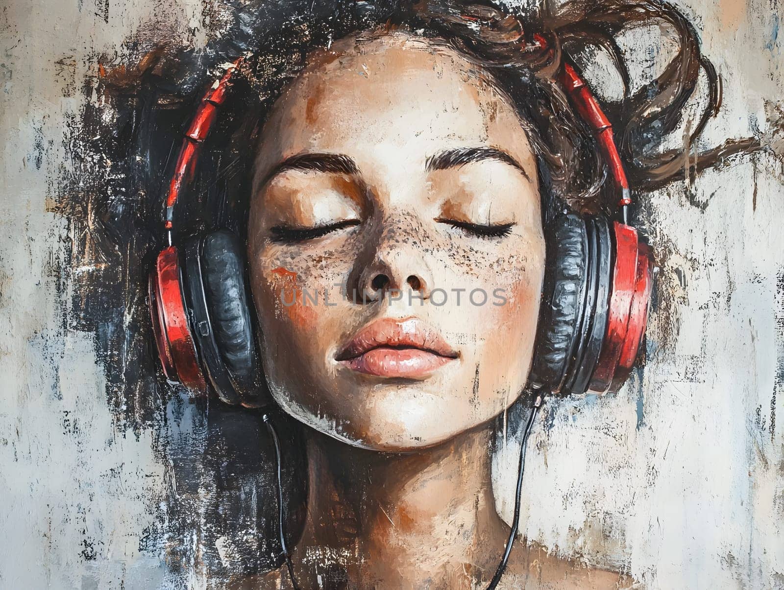 Woman Girl with Headphones is listening to music