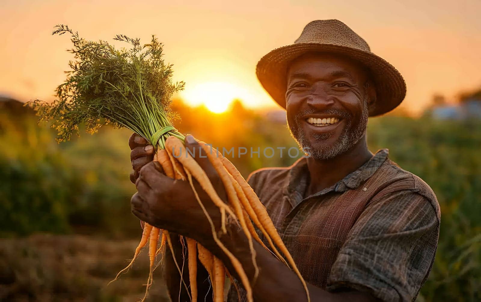 Agricultural worker holding freshly harvested organic carrots, smiling with satisfaction while standing in farm field at golden sunset hour.
