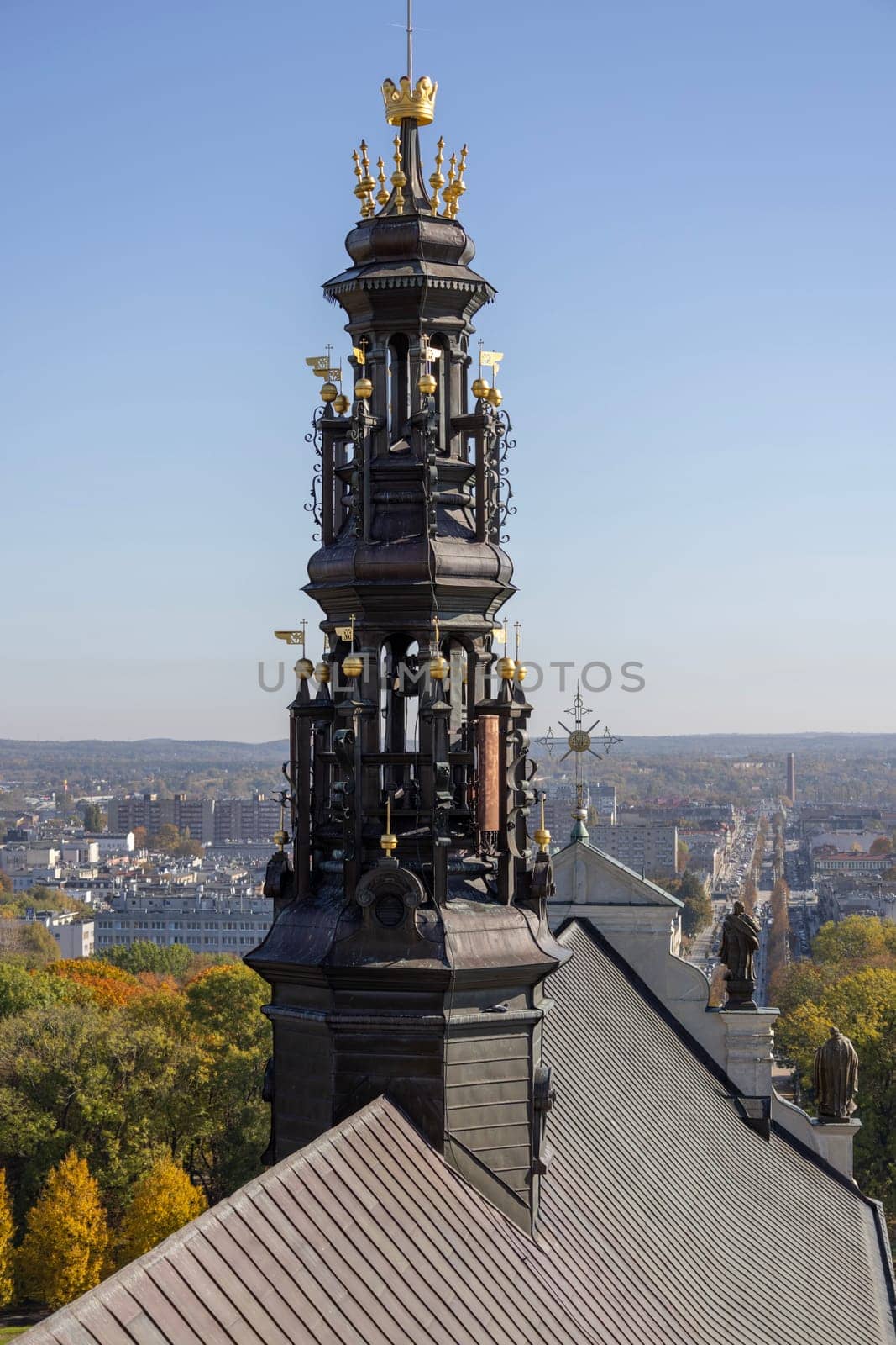 Czestochowa, Poland - October 18, 2024: Small tower ridge turret of Jasna Gora Basilica, famous pilgrimage center. It is place of Marian worship with miraculous image of Our Lady of Czestochowa Black Madonna