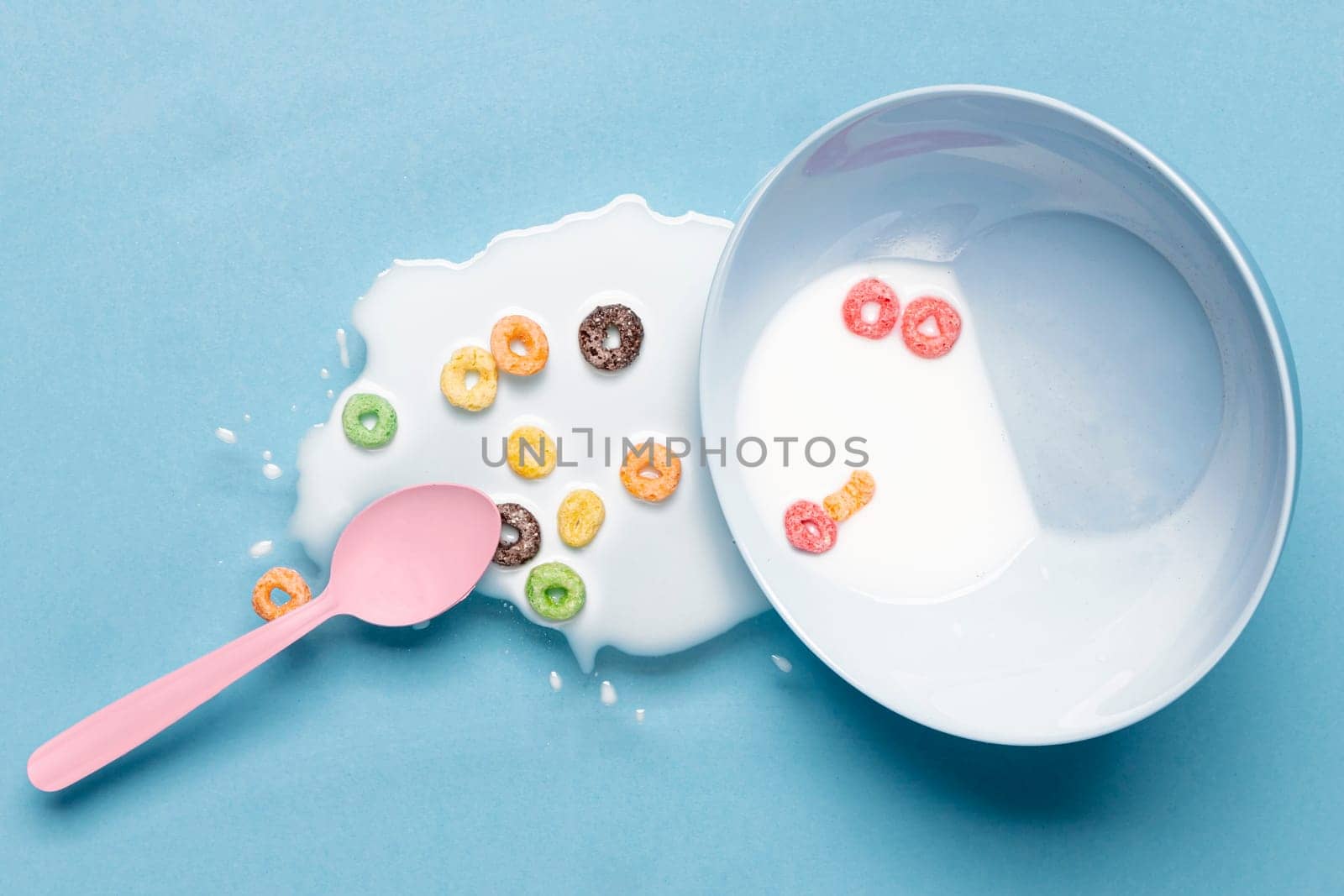 spilled milk milk bowl top view. High resolution photo