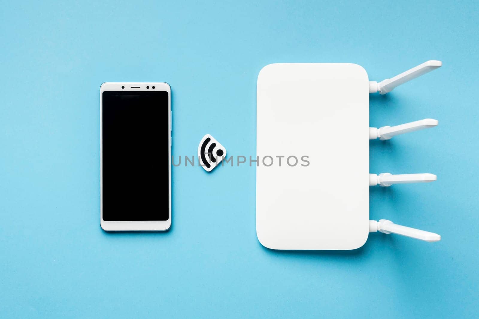 top view wi fi router with smartphone. High resolution photo