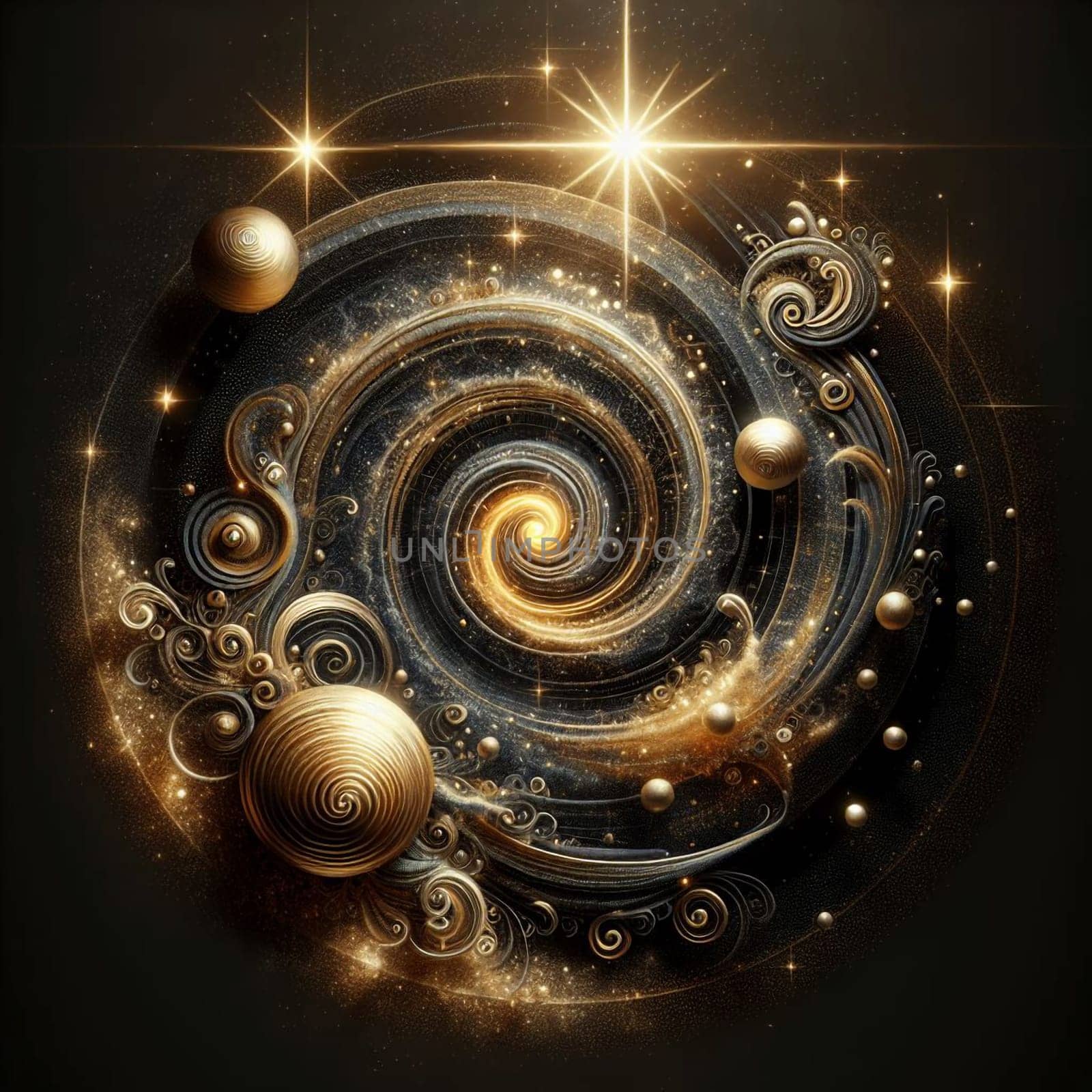 Abstract digital art featuring a swirling, golden spiral with sparkling lights and golden orbs. The background is a dark, starry sky. A high-quality photo.