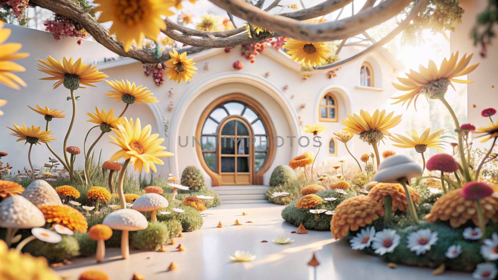 A 3D rendering of a whimsical, fairytale-style cottage with a rounded doorway and surrounded by giant flowers and mushrooms. A high-quality photo.