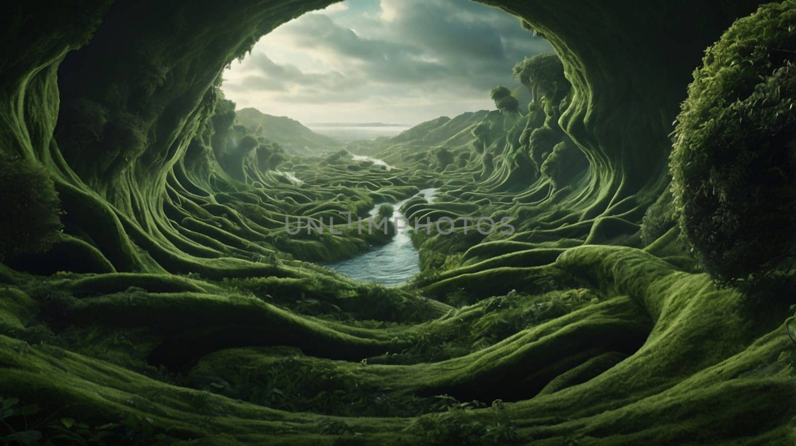 A 3D rendering of a mossy, cave-like landscape with a winding river flowing through it. The scene has a surreal and otherworldly feel, like a hidden world within a hidden world. A high-quality photo.