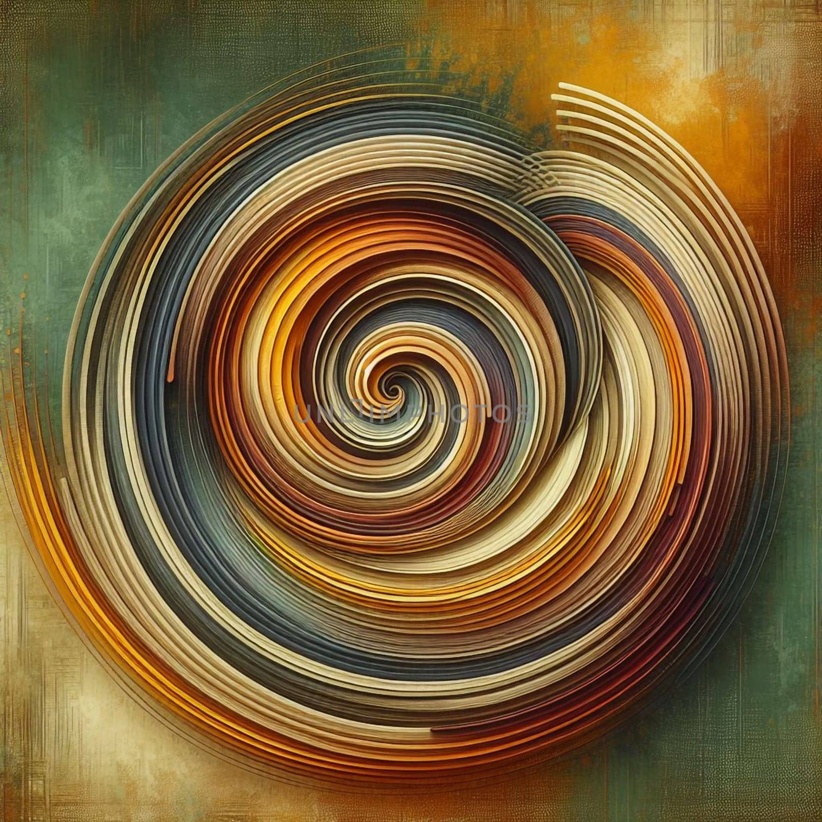 Abstract digital artwork depicting a swirling spiral of circles in shades of orange, brown, and teal. The artwork has a textured, 3D effect. A high-quality photo.