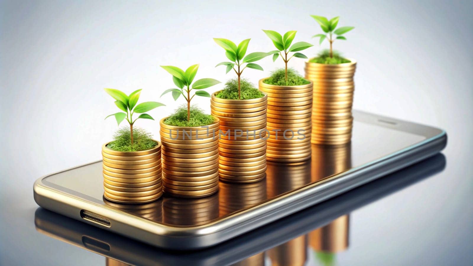 A 3D rendering of a smartphone with stacks of gold coins and growing plants on top, representing the concept of financial growth and prosperity. A high-quality photo.