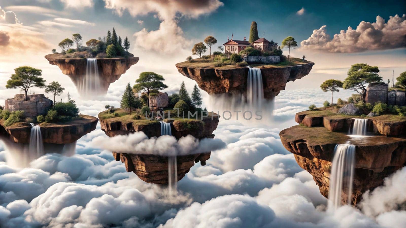 A digital painting depicting a collection of floating islands in the sky, each with its own unique landscape and waterfalls. A high-quality photo.