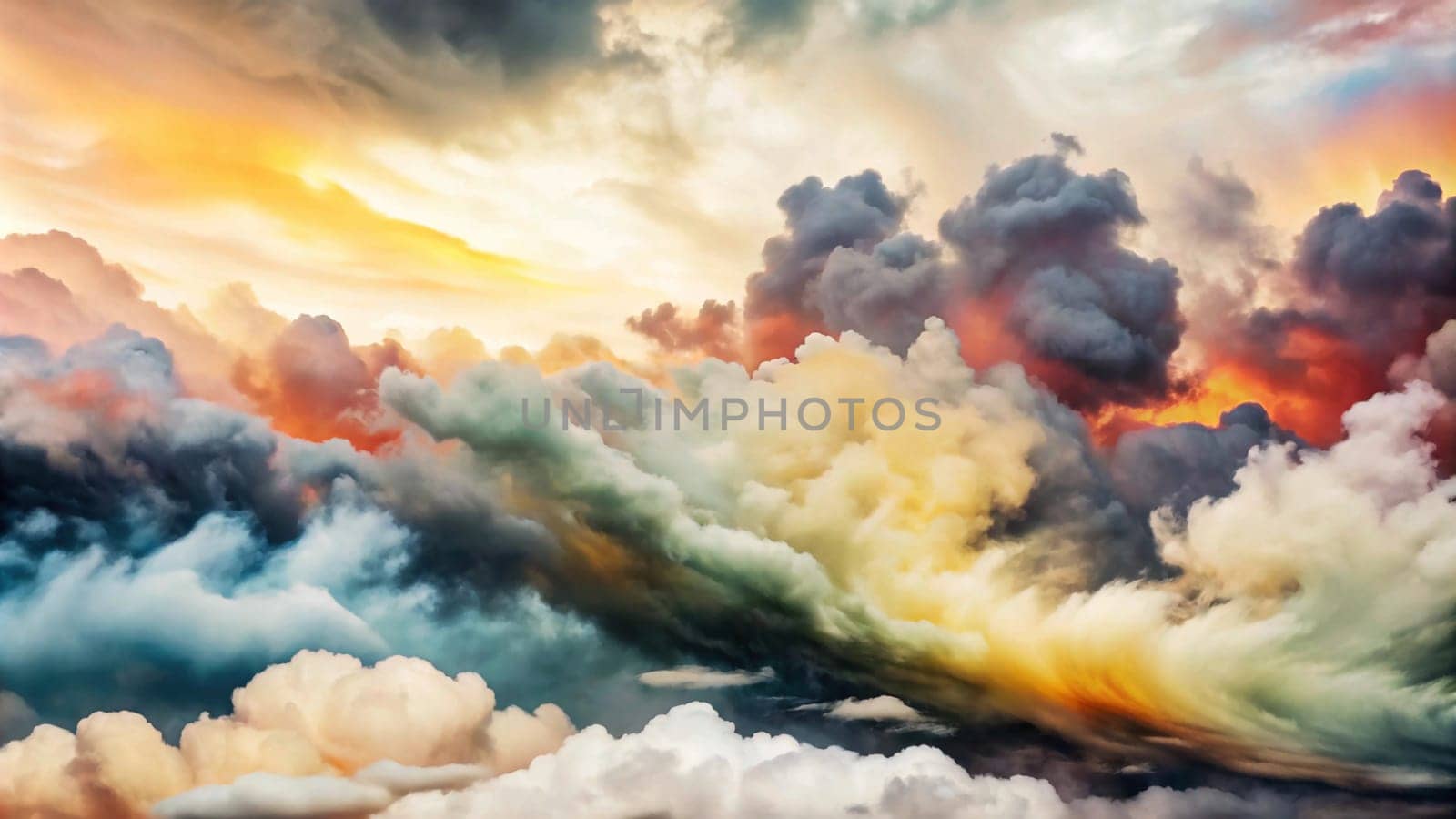 A photo of a dramatic sky filled with colorful clouds, creating a breathtaking scene of natural beauty and power. A high-quality photo.