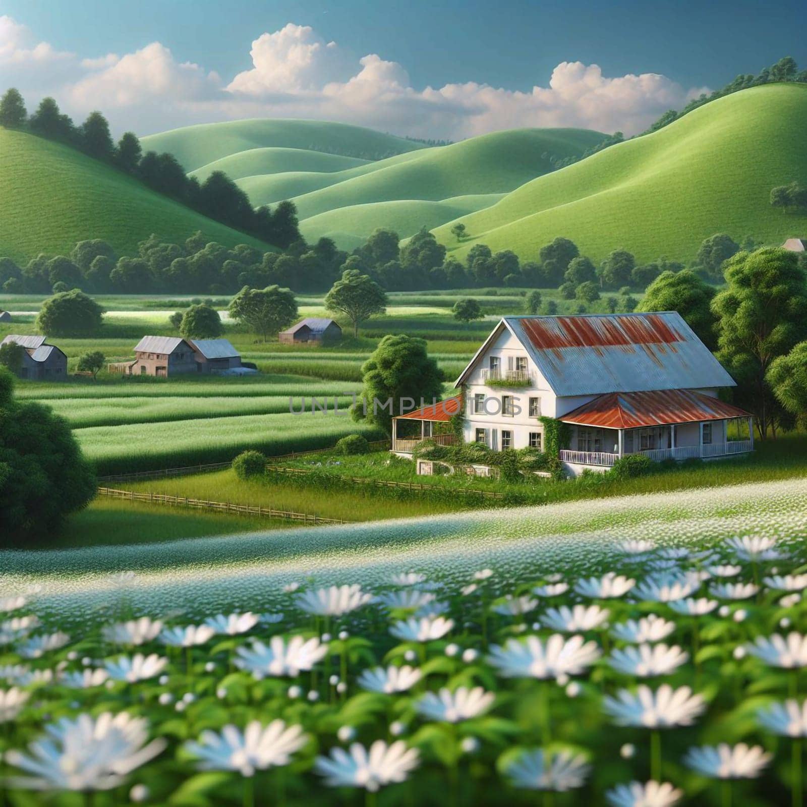 A digital painting depicting a white farmhouse surrounded by white flowers in a lush green field. The scene is bathed in warm sunlight. A high-quality photo.
