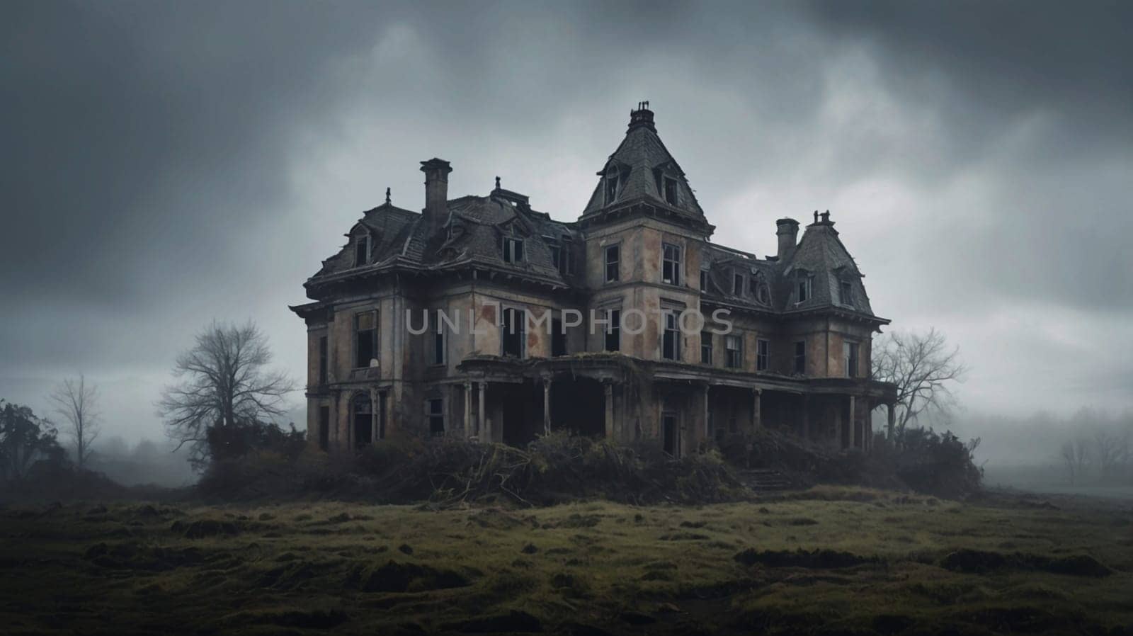 A photo of a large, abandoned, gothic-style mansion in a foggy field. A high-quality photo.