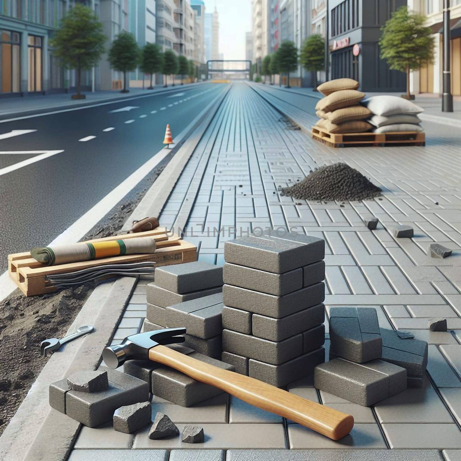 A 3D rendering of a city street under construction. The scene includes a pile of bricks, a hammer, a wrench, and other construction tools. A high-quality photo.