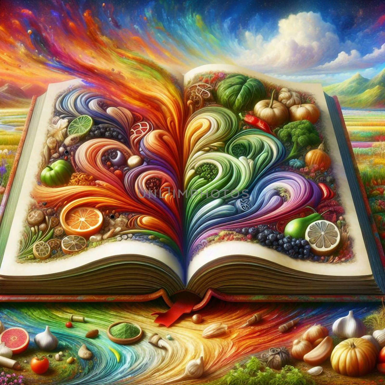 A surreal illustration of an open book with a burst of colorful food and ingredients erupting from its pages. A high-quality photo.