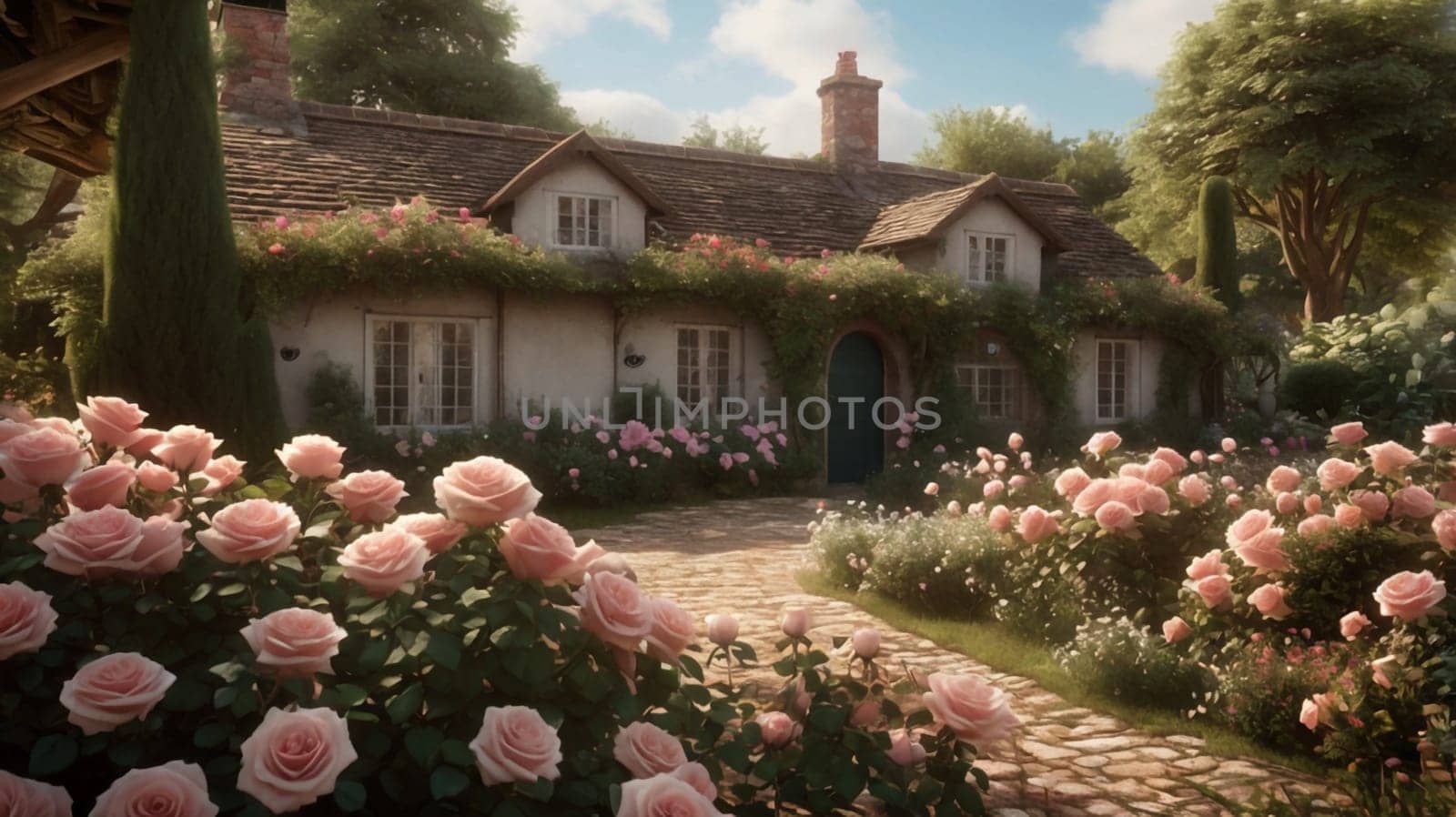 A digital painting of a charming cottage with a white facade and a rose garden. The scene is bathed in warm sunlight and evokes a sense of peace and tranquility. A high-quality photo.
