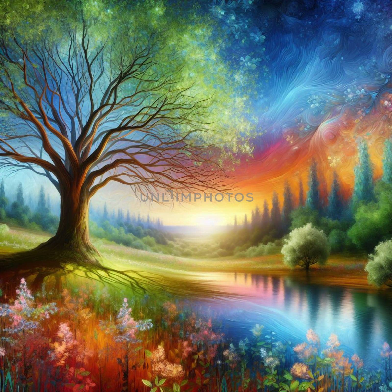 A digital painting depicting a large tree in a colorful meadow with a lake in the background. The scene is filled with a sense of peace and tranquility. A high-quality photo.