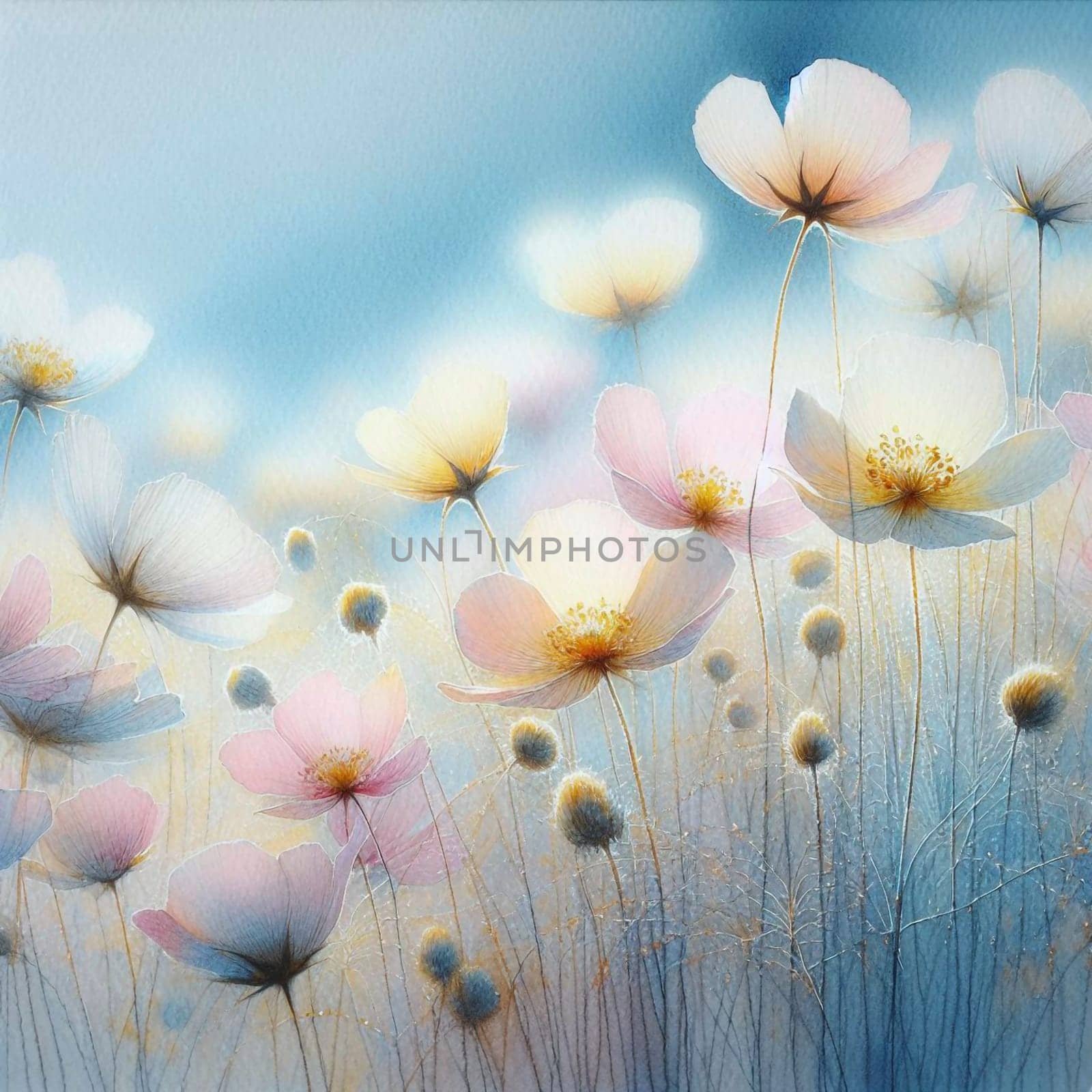 A watercolor painting of a field of delicate, pink and white flowers. The painting is soft and dreamy, with a blurred background of a blue sky. A high-quality photo.