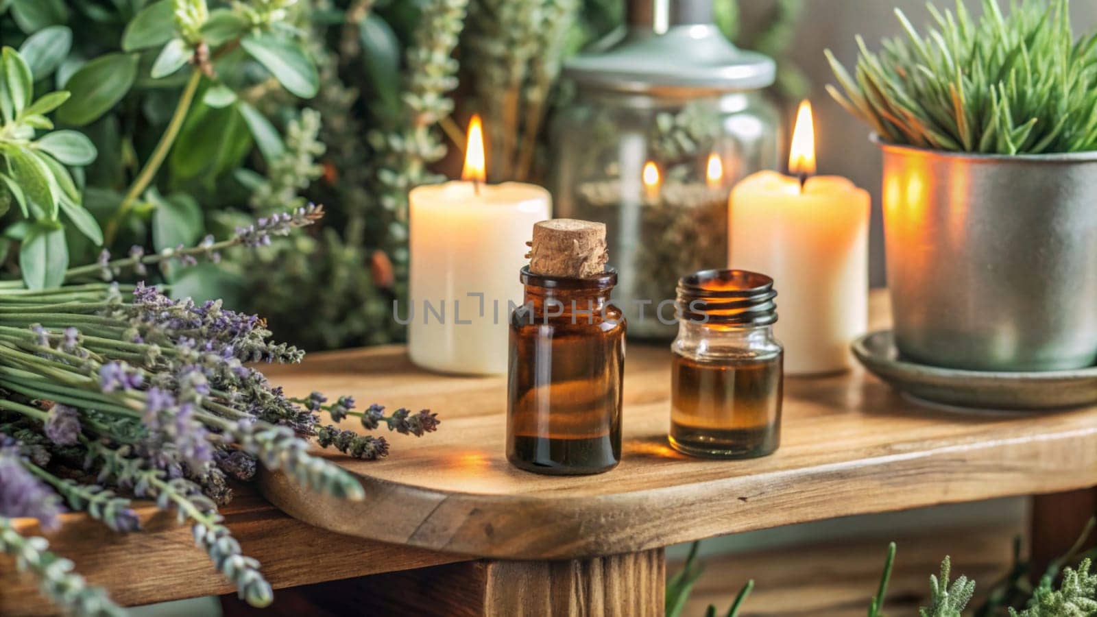 A photo of a wooden tray with candles, essential oils, and lavender plants, creating a relaxing and aromatic spa-like atmosphere. A high-quality photo.