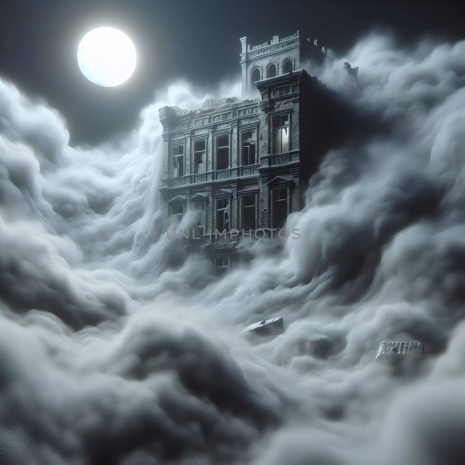 A photo of a dilapidated, gothic-style mansion standing amidst a sea of clouds. The scene is lit by a full moon, creating a spooky and atmospheric effect. A high-quality photo.