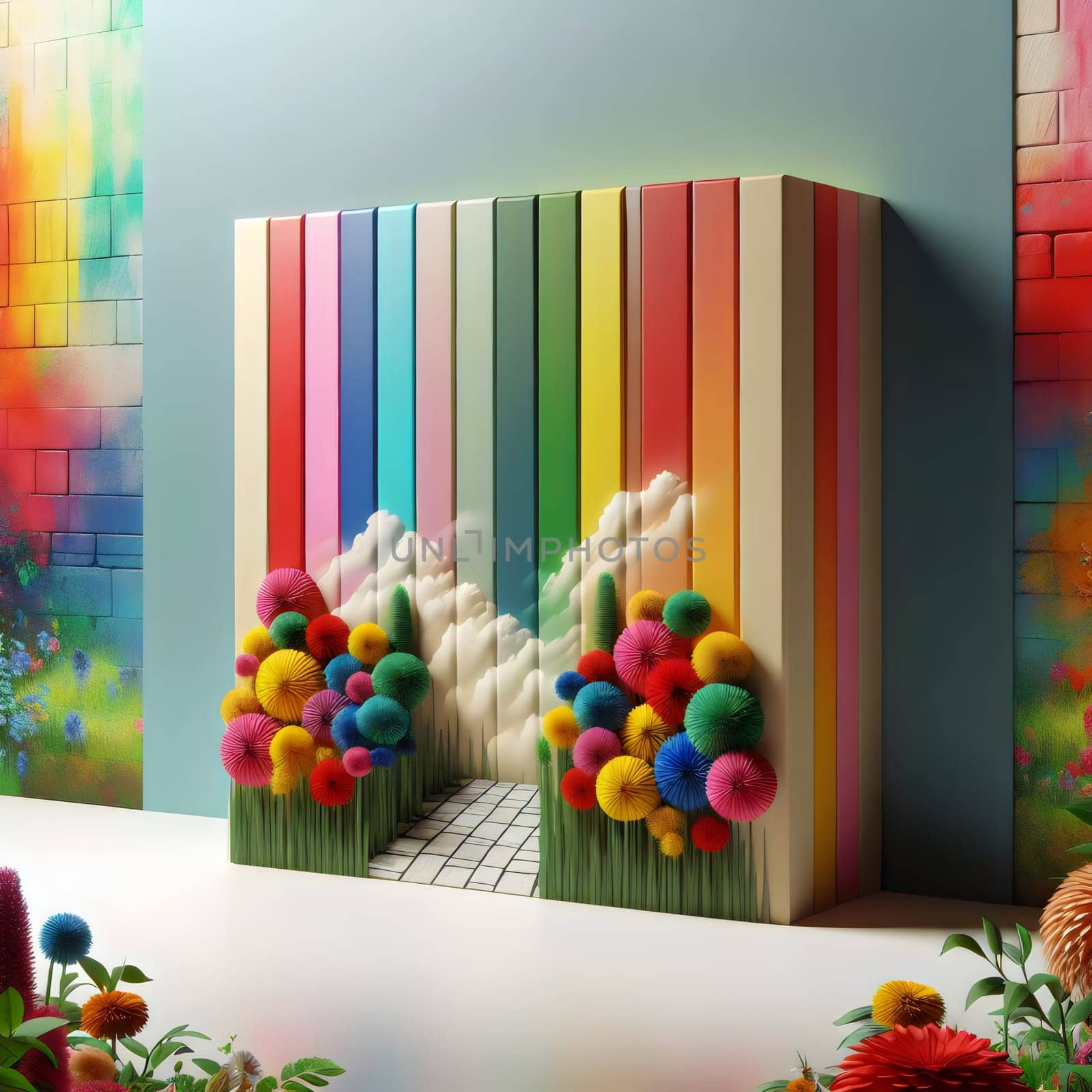 A 3D rendering of a colorful, abstract gateway made of vertical stripes, with flowers and clouds behind it. A high-quality photo.