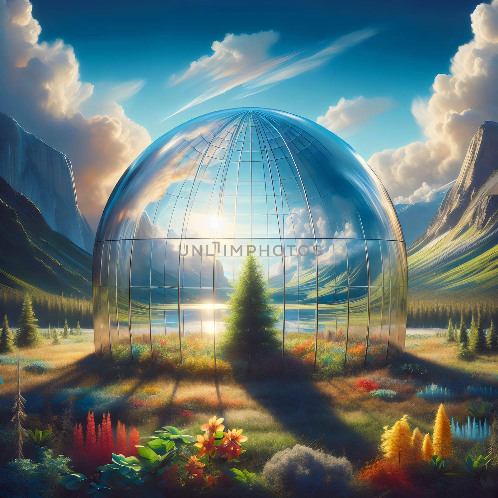 A digital painting depicting a large, reflective glass dome, shaped like a globe, enclosing a single pine tree in a serene mountain landscape. A high-quality photo.