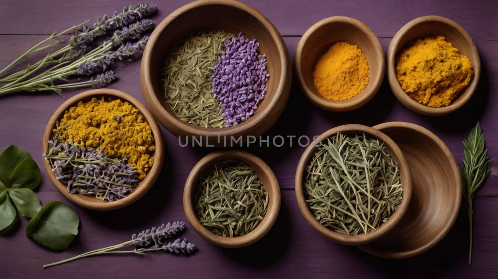 A photo of a collection of herbs and spices in wooden bowls. The scene is set against a purple background, creating a visually appealing and aromatic composition. A high-quality photo.