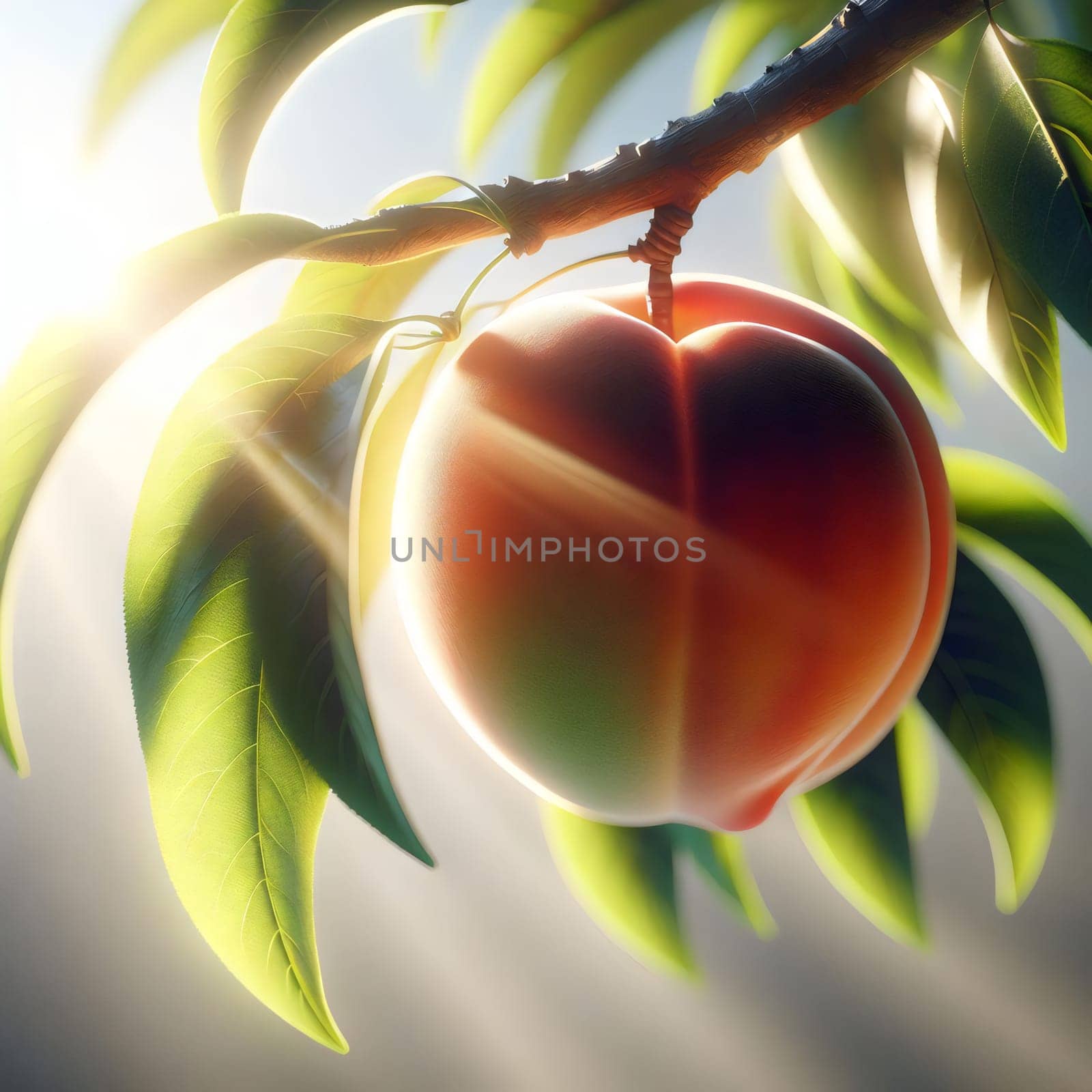 A close-up photo of a ripe peach hanging from a branch of a peach tree. The scene is bathed in warm sunlight, highlighting the peach's smooth skin and juicy flesh. A high-quality photo.