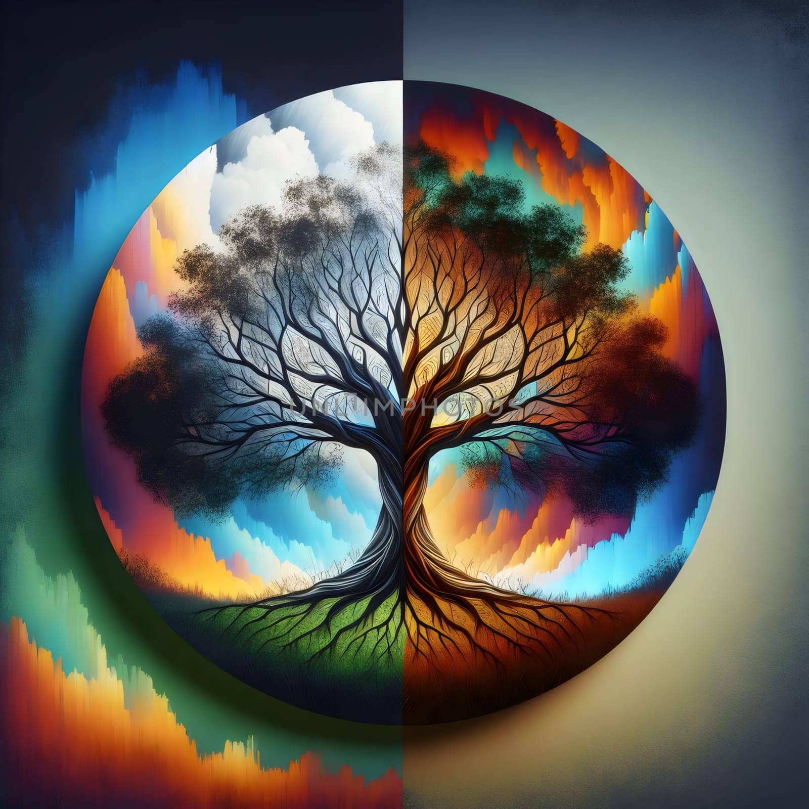 Abstract painting depicting a tree with half its branches bare and half covered in green leaves. The tree is surrounded by a circle of colorful. A high-quality photo.