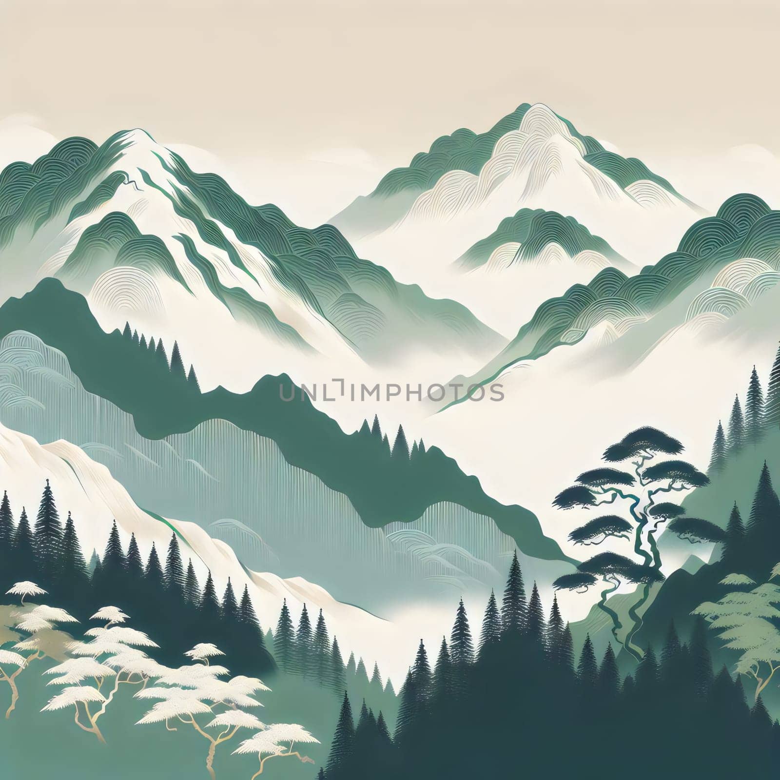 A stylized digital painting of a mountain range with snow-capped peaks and a single pine tree in the foreground. The scene is rendered in a minimalist, geometric style. A high-quality photo.