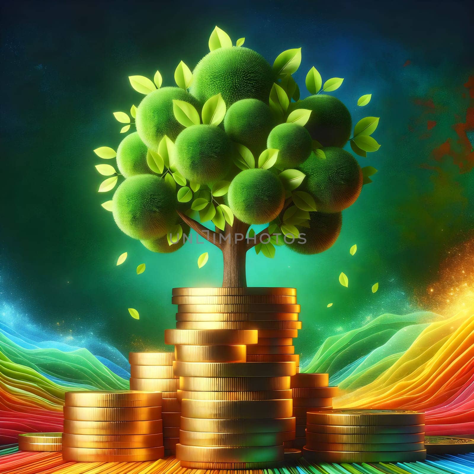 A 3D illustration depicting a stylized tree growing from a stack of gold coins. The scene is set against a colorful, abstract background. A high-quality photo.