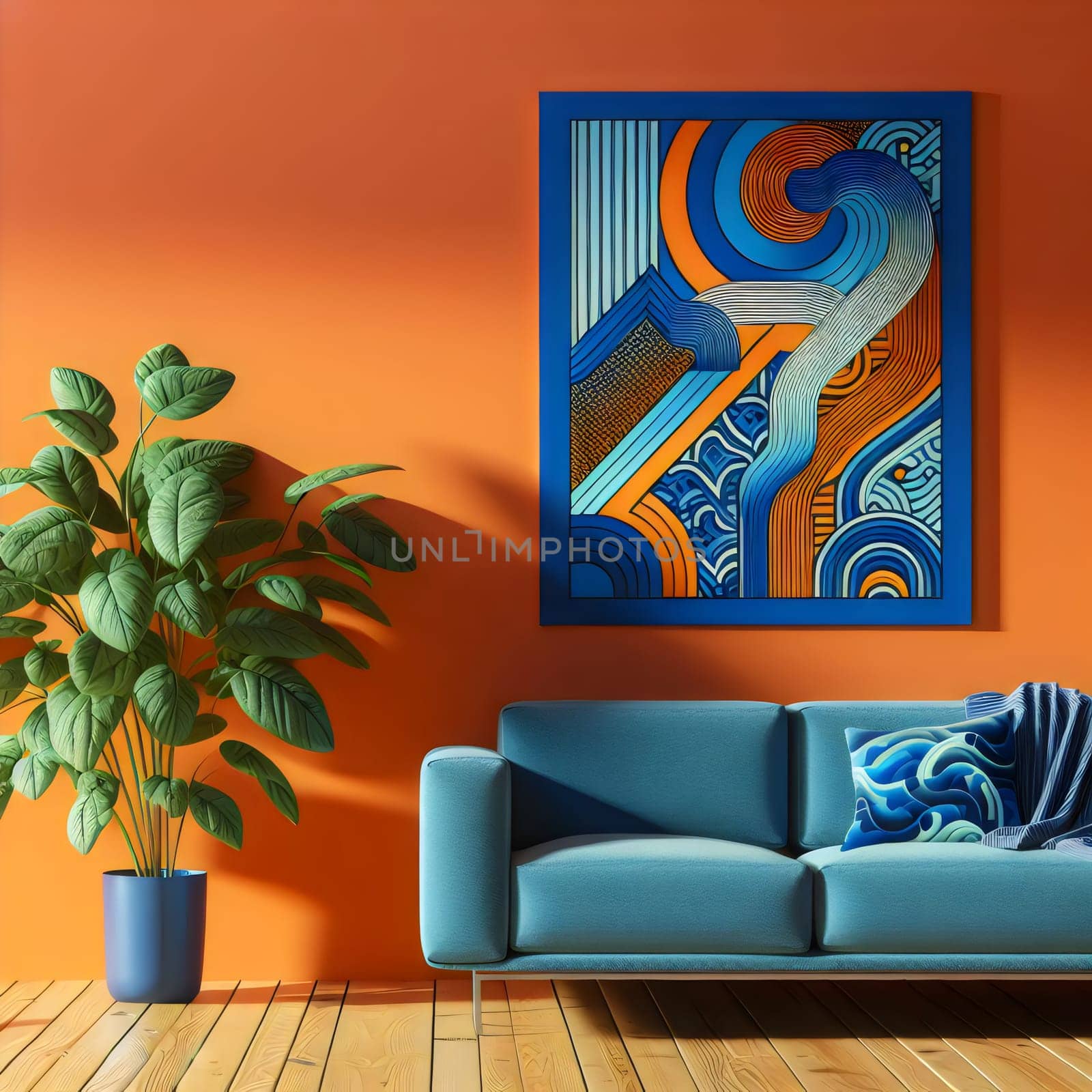 A 3D rendering of a living room interior with a blue velvet sofa, a potted plant, and a wall-mounted abstract artwork in vibrant orange, blue, and beige hues. A high-quality photo.